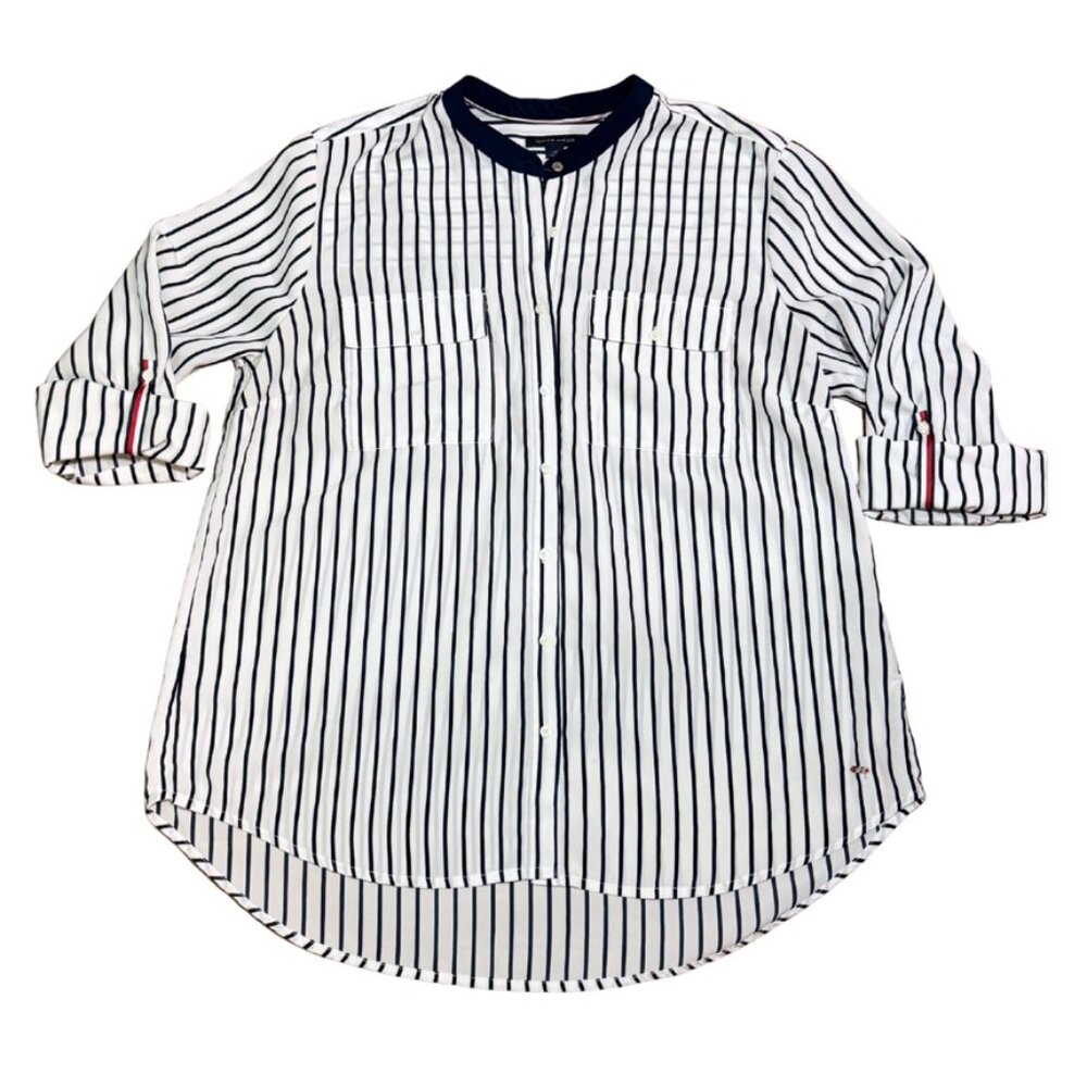 Striped White and Navy Button-Up Women's Top